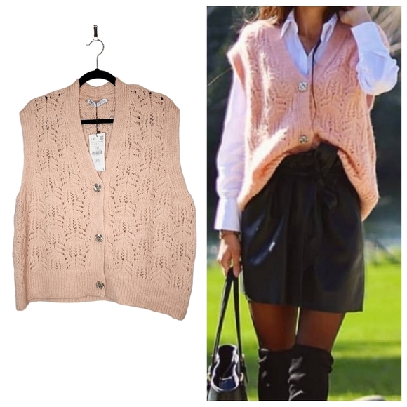 Zara Sweaters - NWT Zara jewel button knit vest cardigan.  Pink Faux wool. Size large.